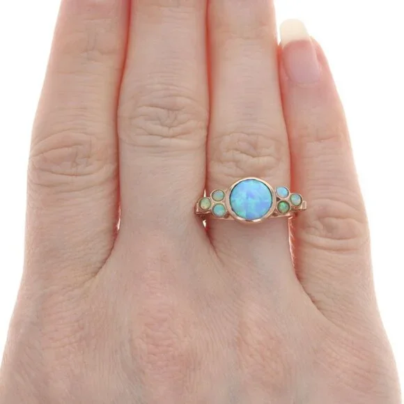 Rose Gold Lab-Created Opal Ring - 14k Round Cabochon 1.11ctw Bezel Set